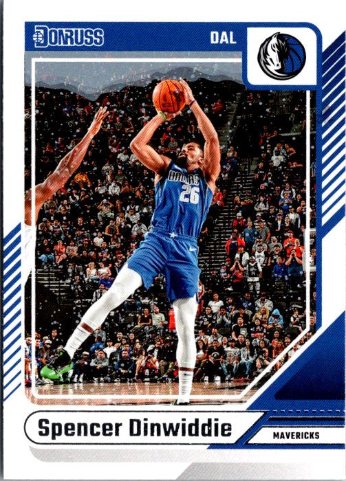 Spencer Dinwiddie trading card featuring him in a Dallas Mavericks uniform during a game