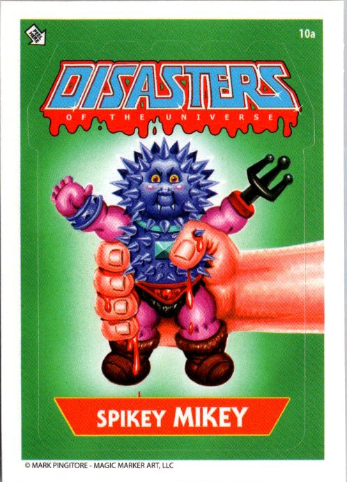 Spikey Mikey trading card from Disasters of the Universe series featuring a spiky blue character held by a large hand
