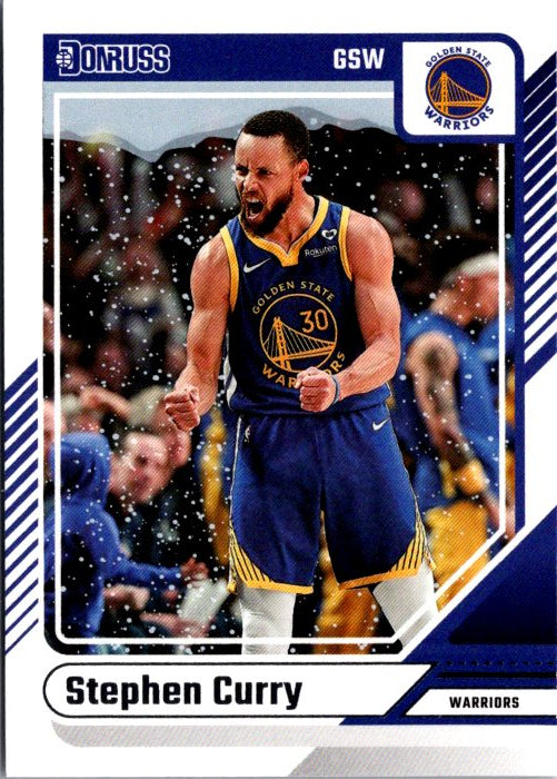 Donruss Panini Stephen Curry trading card featuring Curry celebrating in a Golden State Warriors jersey