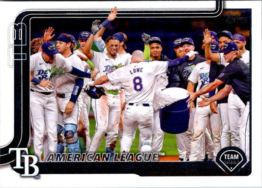 Topps Tampa Bay Rays trading card featuring players celebrating a team victory on the field