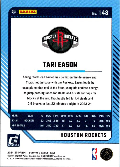 Tari Eason basketball card from Donruss Panini featuring Houston Rockets player stats and details