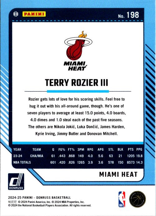 Terry Rozier III trading card from Donruss Panini featuring Miami Heat player stats and highlights