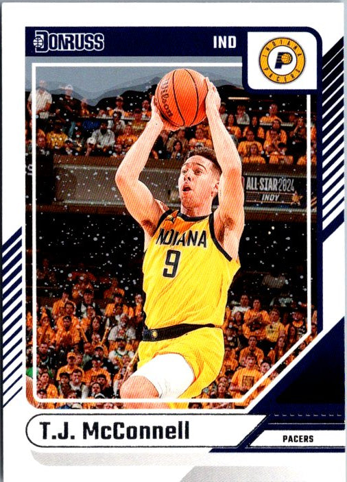 T.J. McConnell trading card featuring the player in a yellow Indiana Pacers jersey shooting a basketball