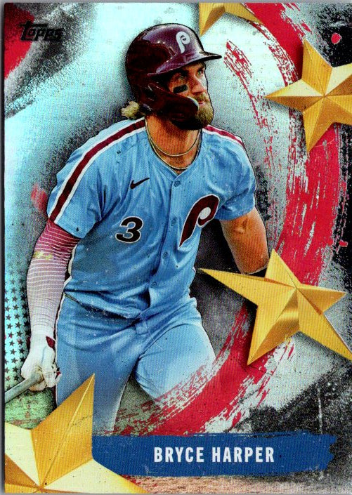 Topps Bryce Harper MLB trading card featuring the player in a blue uniform with striking star design