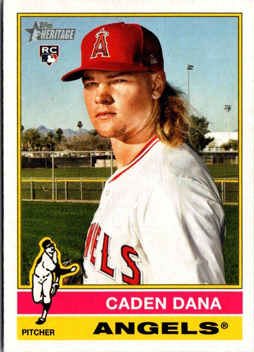 Topps Heritage Caden Dana rookie card featuring Angels pitcher in white jersey and red cap