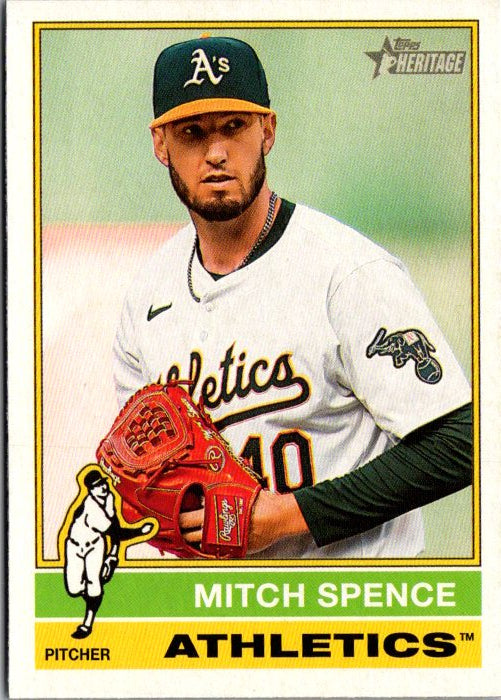 2024 Topps Heritage Mitch Spence baseball card featuring Athletics pitcher with red glove