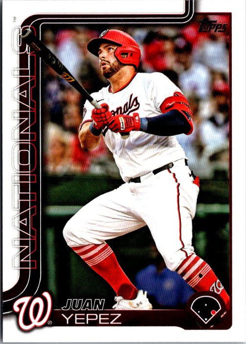 TOPPS baseball card featuring Juan Yepez in white Nationals uniform swinging bat Juan Yepez rookie card