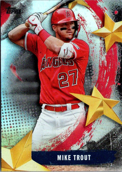 Mike Trout MLB trading card featuring the Angels star player in a dynamic batting pose