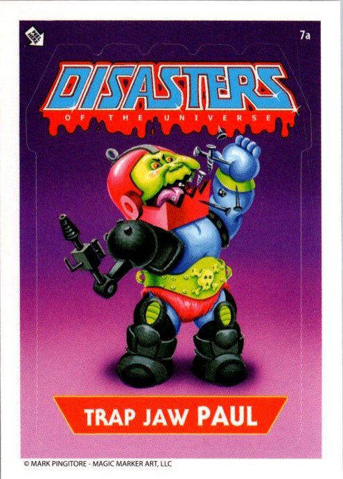 Disasters of the Universe Trap Jaw Paul trading card featuring a cartoonish armored character with a red helmet