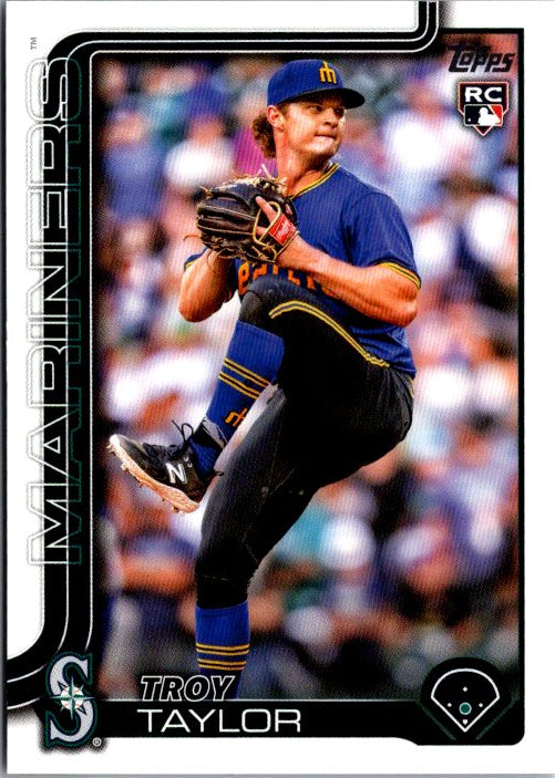 TOPPS Troy Taylor rookie trading card showing pitcher in Mariners uniform mid-pitch