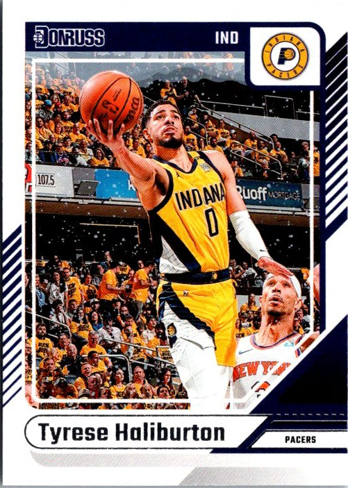 DONRUSS PANINI Tyrese Haliburton trading card featuring the player in action during a game