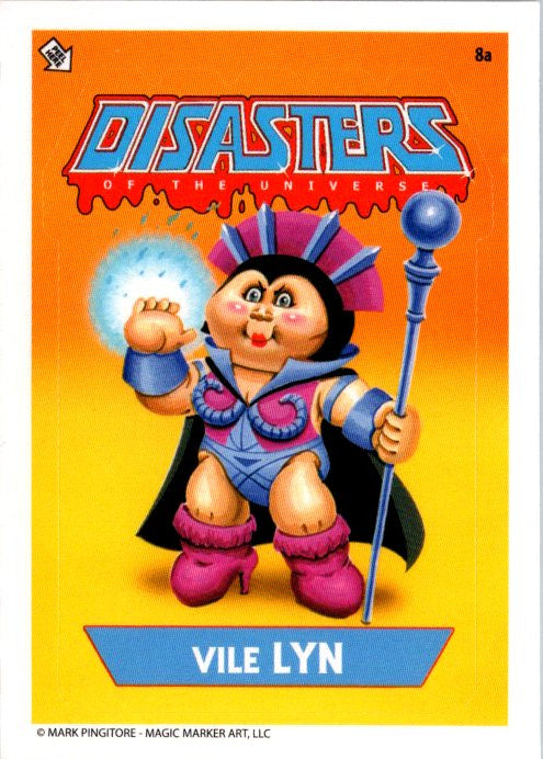 Vile Lyn trading card from Disasters of the Universe series by Mark Pingitore featuring cartoon character with staff