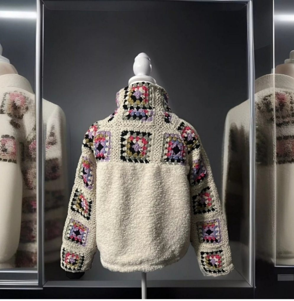 Cozy winter jacket with crochet details in cream and colorful patchwork design from Lawgrave's Collectibles