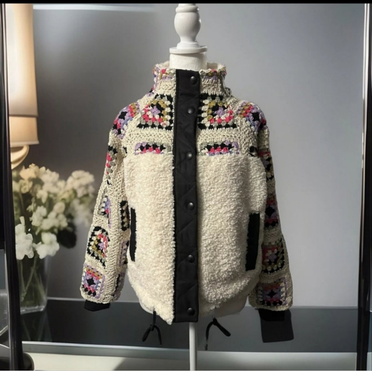 Stylish winter jackets with crochet details featuring a cozy fleece design and unique patterns