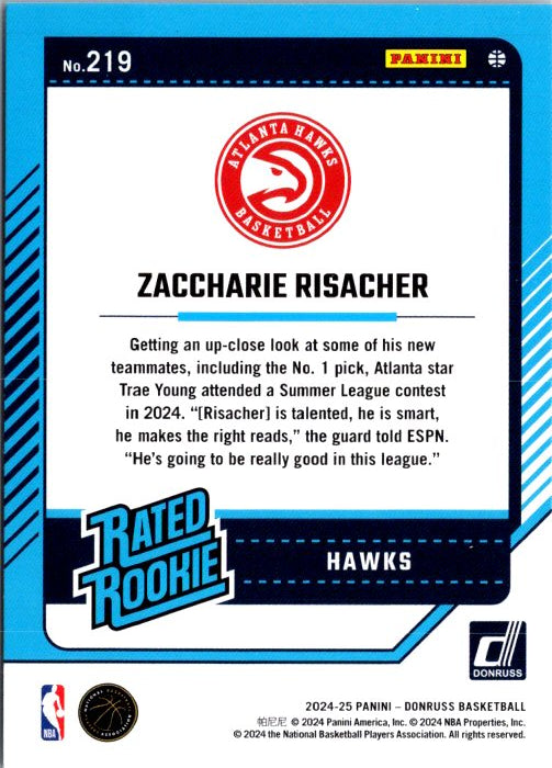 Zaccharie Risacher rookie card from DONRUSS PANINI featuring Atlanta Hawks details and player insights