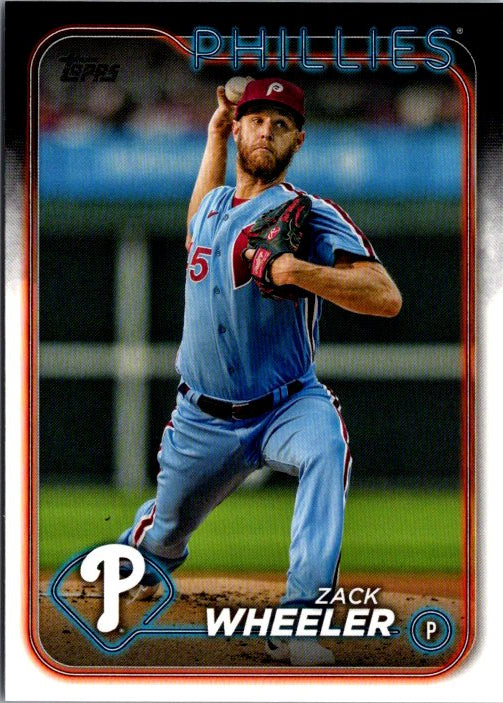 Topps Zack Wheeler trading card featuring the pitcher in Philadelphia Phillies uniform throwing a pitch